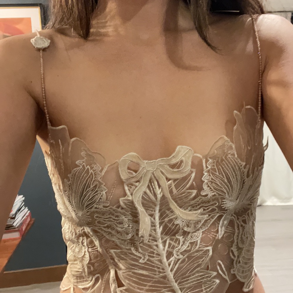 Vintage chantilly lace bustier with bow, ribbon, and crystal details